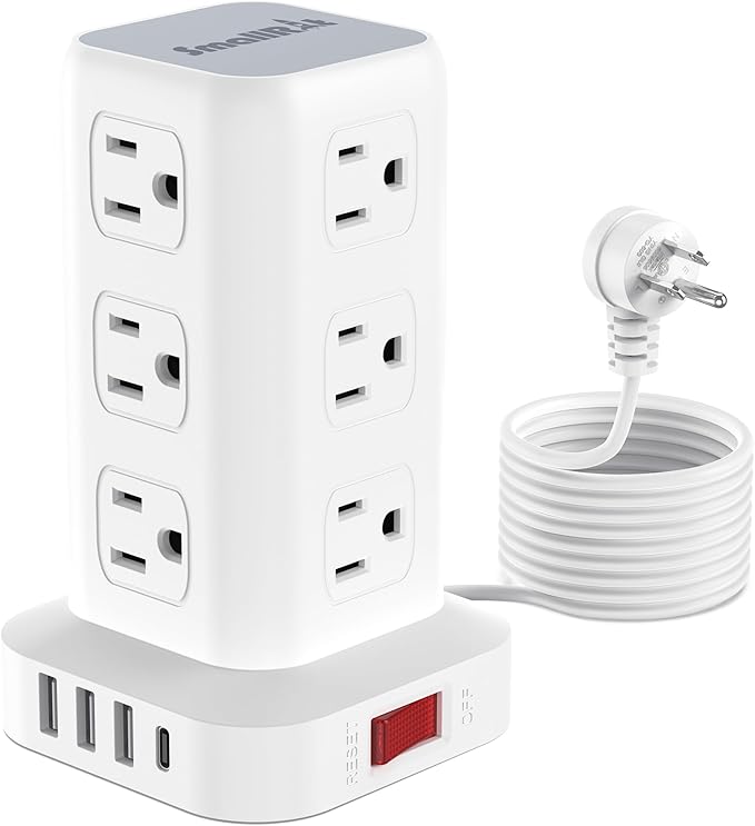 SMALLRT Power Strip Tower Surge Protector with USB 12 Outlets 4 Ports (1 C), Flat Plug 10FT Extension Cord Multi Outlet Extender Overload Protection for Home Office zyc06