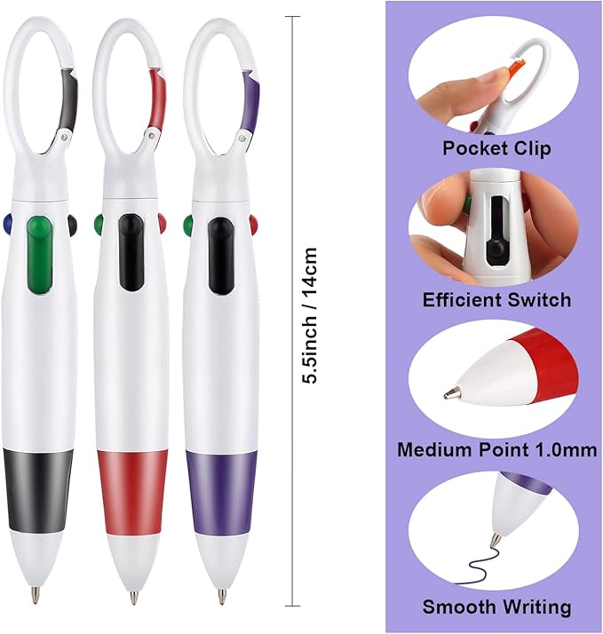 Retractable Shuttle Pens, 12 Count 4-in-1 Multicolor Ballpoint Pens 1.0mm Retractable Pens with Carabiner Clip Ballpoint Gift Pens for Office School Supplies Students Adults Kids Nurses