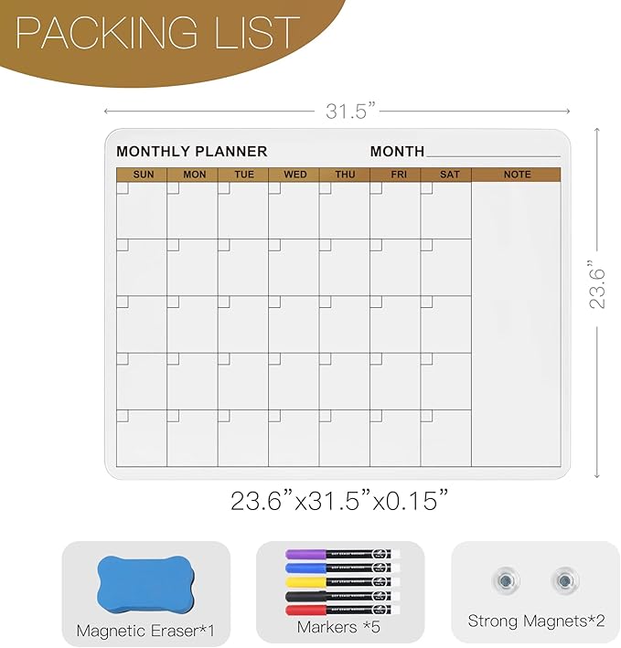 SELEAD Magnetic Glass Whiteboard Monthly Planner - 32”x24” Large Wall Calendar Dry Erase White Board, TODO Memo Bulletin Board for Home School Office - White&Gold