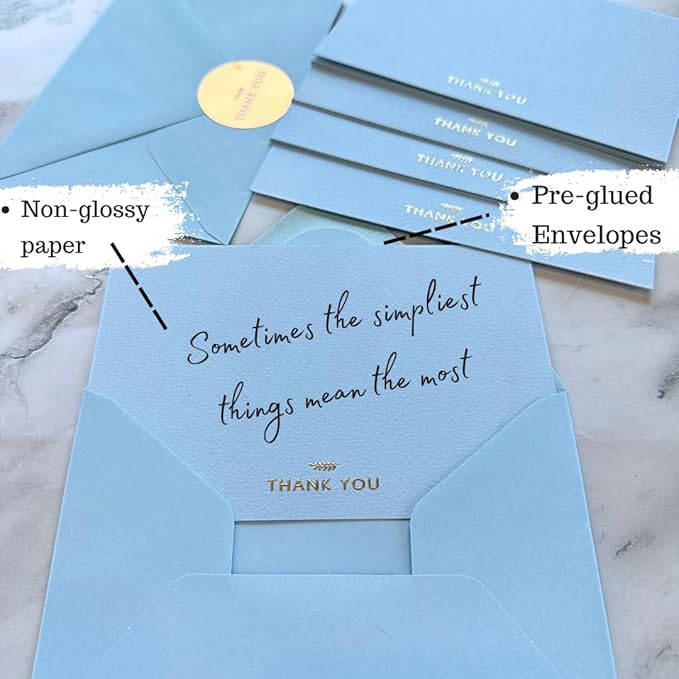 RUN2PRINT (36 Pack Thank You Cards With Envelopes & Stickers - Elegant Light Blue - Emboss Gold Foil Pressed - Blank Notes Wedding, Bridal, Baby Shower, Business and Formal All Occasion Cards