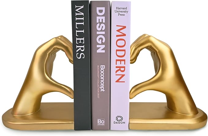 Gold Decorative Bookends for Shelves, Heart Hands Book Ends Sculpture Aesthetic Decor for Bedroom Living Room Merch Apartment Bookshelf Birthday Women Decorations Stuff Aesthetic