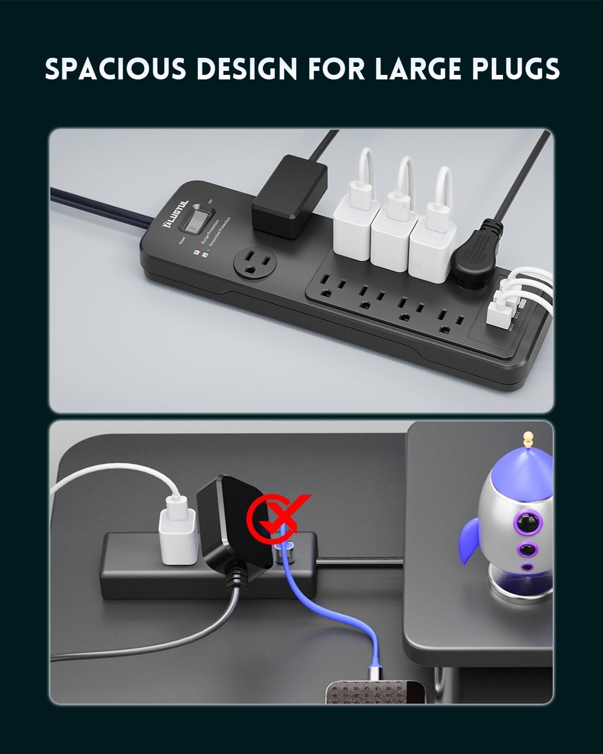 Surge Protector Power Strip 25FT, PLUGTUL Surge Protector with 10 Outlets - Spacious Design for Large Plugs, Flat Plug, 20W USB C Charging for Home, Office, ETL Listed, 2040J