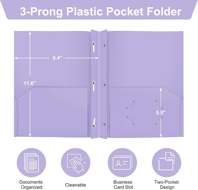 ViVin 12 Pack Heaty Duty Plastic Folders, 2 Pocket Poly File Plastics Folders with 3-Prong Fasteners, Pastel Color Plastic Folder for Letter Size Sheet, School Folder Kids Folder (Light Purple)