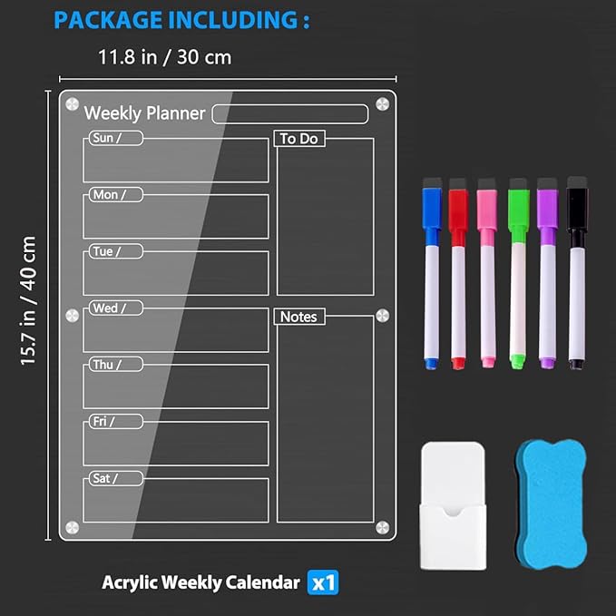 Acrylic Meal Planner Magnetic Menu Board for Kitchen Fridge with 6 Markers, Clear Refrigerator Weekly Planning Noteboard Grocery/Shopping List/Chore Chart, Magnetic Pen Holder Eraser 15.7" x 11.8"
