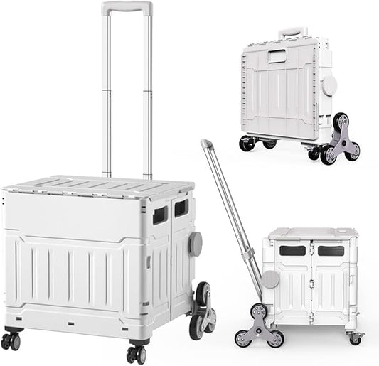 Foldable Utility Cart with Stair Climbing Wheels,Folding Portable Rolling Crate Handcart with Aluminium Alloy Telescoping Handles, Handcart for Grocery Book File Tool Art Supplies