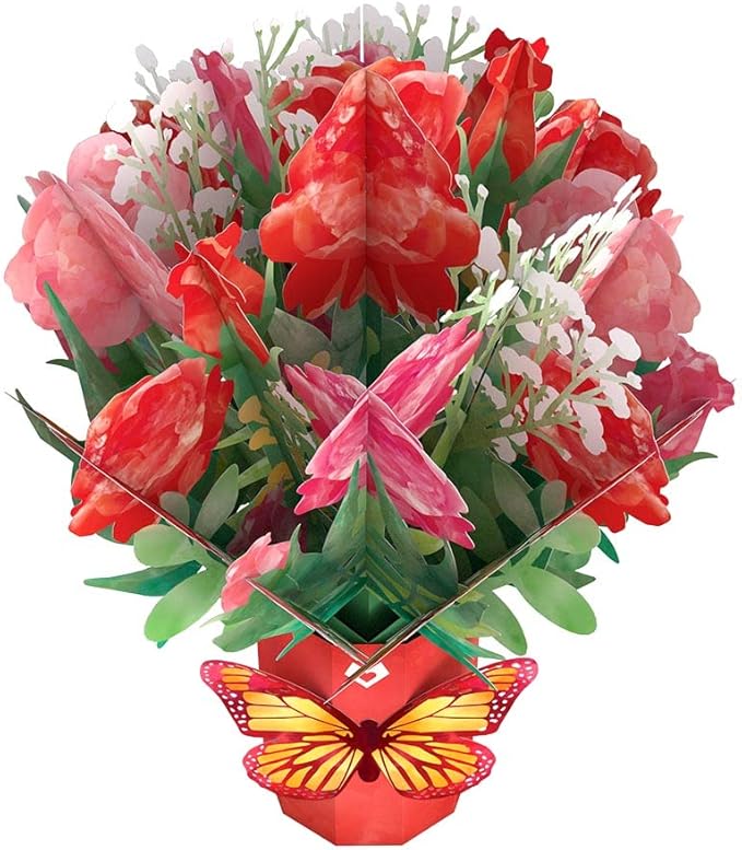 Lovepop Watercolor Roses and Butterflies - Pop Up Paper Flower Bouquet - Everyday Bouquet - 10.25' Premium Display 3D Pop Up - Notecard Included