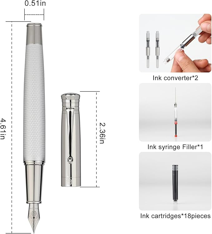 GC QUILL Fancy Fountain Pen Set – Fine and Medium Nibs, 18 Ink Cartridges, Ink Converter, Syringe Filler, Luxury Pen Gift for Men Women, Nice Pen for Writing Journaling – MU-14