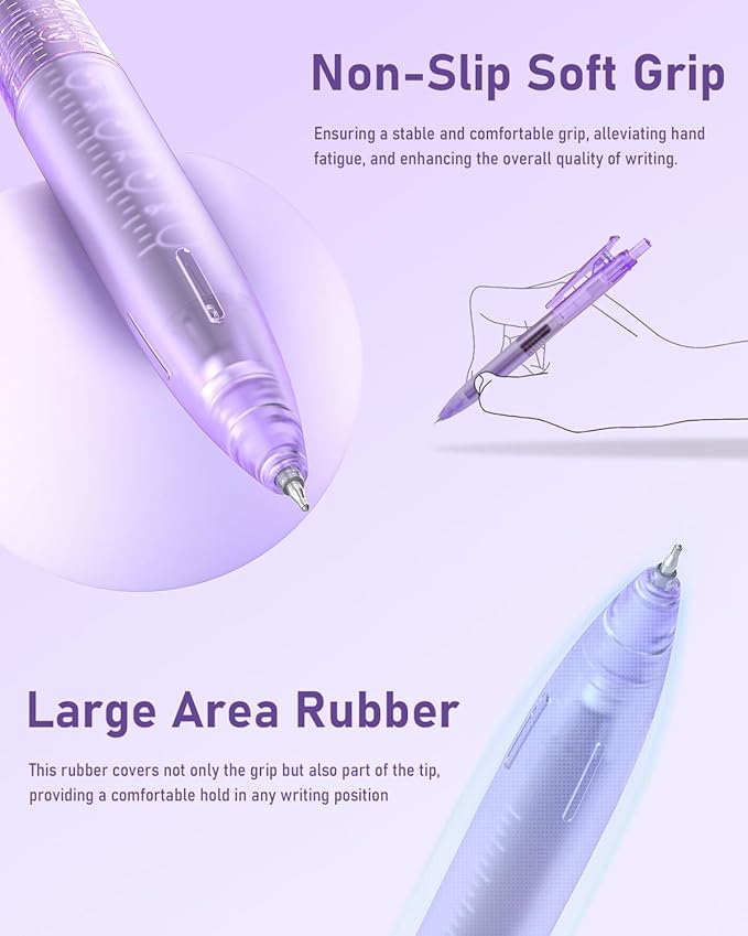 Four Candies 14Pack Pastel Gel Ink Pen Set,Cute Retractable 0.5mm Fine Point Pen,Note Taking Aesthetic Pens,12 Pack Black Ink Pens with 2Pcs Highlighter, Smooth Writing Pens for School, Office(Purple)