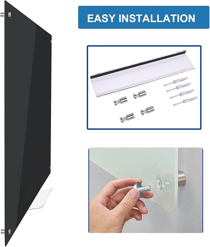 Magnetic Black Glass Board with Eraser Frameless Tempered Glass Dry Erase Blackboard with Marker Tray for Interactive Office, Wall Mounted Frosted Black Glass Board, 48" x 36"