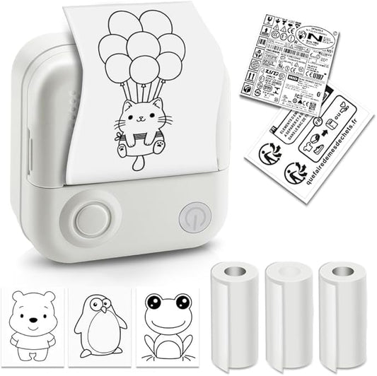 Sticker Printer,Thermal Printer Label Maker with 3 rolls Paper, Portable Mini Wireless Bluetooth Inkless Printer, Recharge Pocket Sticker Maker,Small Printer for Photo,Scrapbook Supplies, White