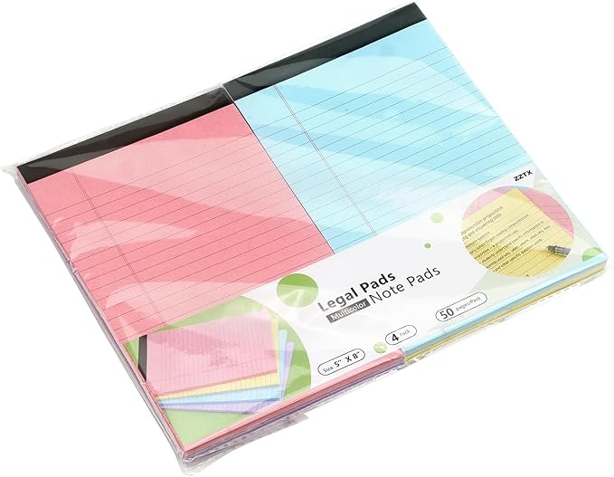 ZZTX Legal Pads Note Pads 5 x 8 Inch Lined Writing Pads, 50 Sheets Per Writing Pad, 4 Pack (Multicolor)