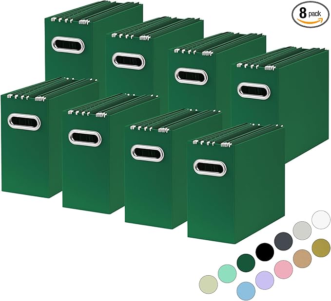 Oterri File Organizer, Small Storage Box, Cardboard File Folder Organizer, Collapsible File Box, Hanging File Organizer for Letter Size, Portable File Box with Handle, Only Box (Dark Green,8 Packs)