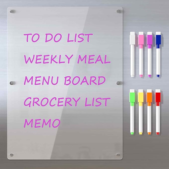Acrylic Magnetic Dry Erase Board for Fridge, Clear Whiteboard for Refrigerator, Notepad Memo to Do/Grocery List White Board, w/ 8 Colors Markers, 15"x11"
