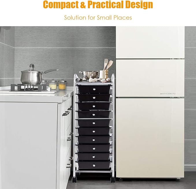 Storage Cart, Rolling Utility Cart with 10 Drawers, Portable Handles & Lockable Wheels, Mobile Paper Toys Storage Organizer Large Capacity for Home Office School Teacher (Black)