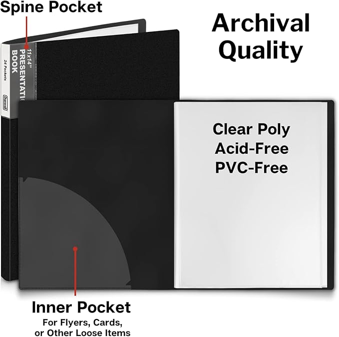 Dunwell 11x14 Binder with Sleeves (Black), 24 Pockets Display 48 Pages, Large Folder with Plastic Sleeves,11x14 Presentation Book with Protector Sleeves, Kids Art Portfolio 14x11,Clear Pages,Vertical