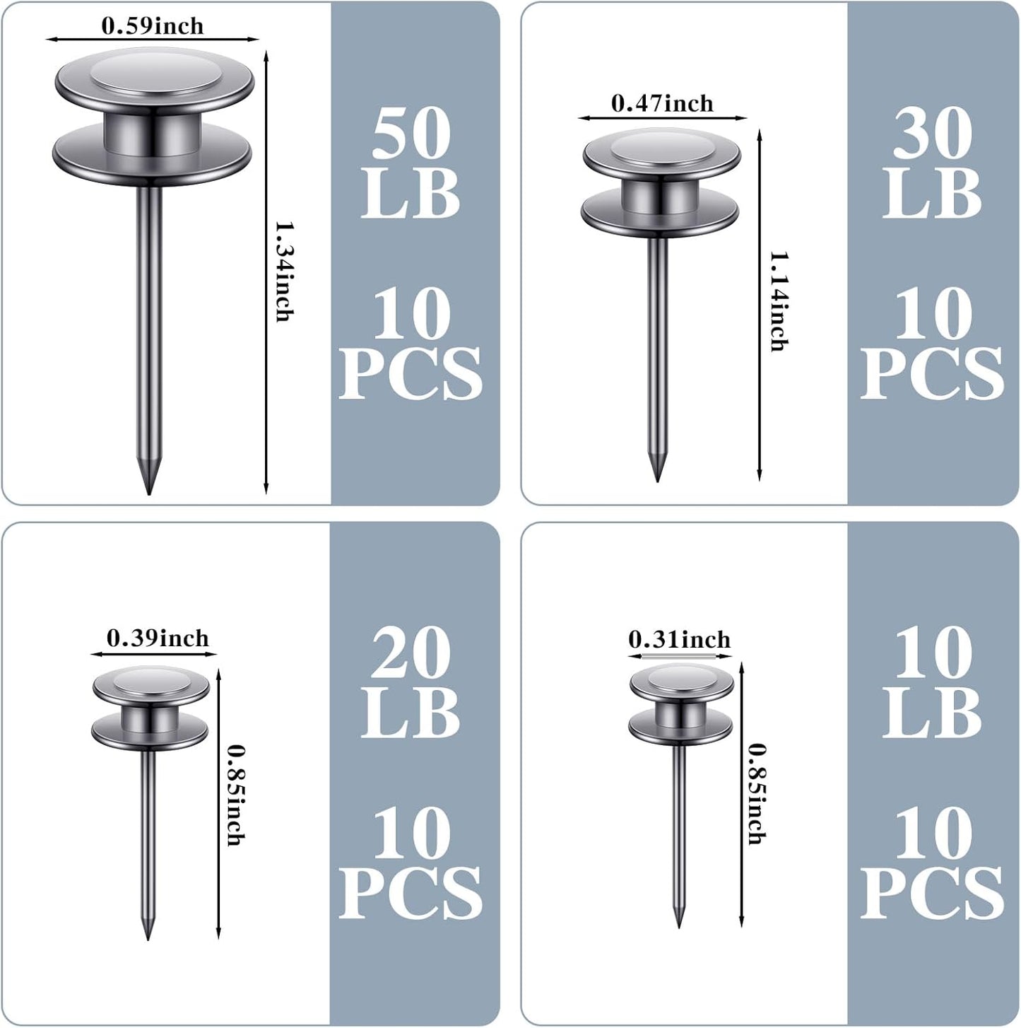 Ferraycle 40 Piece Double Headed Picture Hangers Nails 4 Size Long Thumb Tacks for Wall Hanging Decorative Nails Push Pins Picture Hooks for Drywall Photo Decor, 10/20/ 30/ 50lb(Silver)