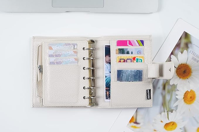 Moterm Pocket Regular Rings Planner - Genuine Leather Binder Organizer (Pebbled-Cream, 19mm Ring)