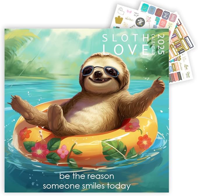 Sloth Calendar 2025 with Sticker Pack, Large 12 x 12 inch Wall Calendar, Mindfulness Wall Calendar, Inspirational Sloth Gift and Sticker Pack