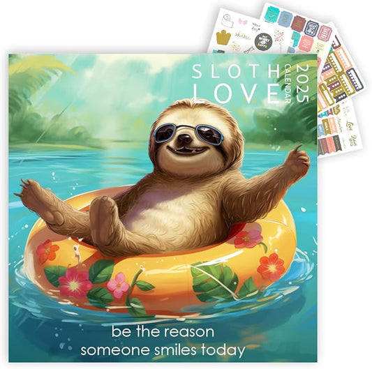 Sloth Calendar 2025 with Sticker Pack, Large 12 x 12 inch Wall Calendar, Mindfulness Wall Calendar, Inspirational Sloth Gift and Sticker Pack