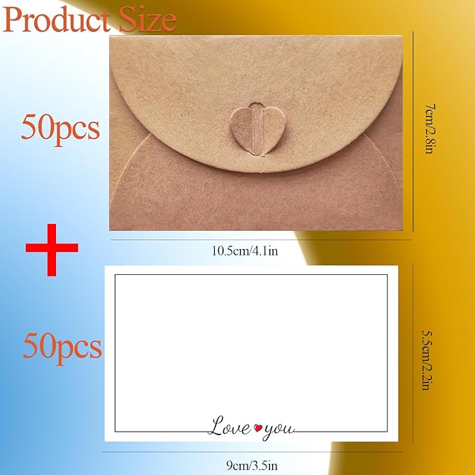 40 Pack Mini Envelopes with Heart Shaped Clasp, Small Kraft Paper Envelopes with Love You Card Cards with Blank Cards for Business Card for Gift Cards Weddings Party Favors (4.1 x 2.8 inch)