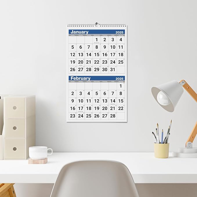 Dunwell 2-Month View Wall Calendar 2025, 11x17" Open, Use to Dec 2025, 2 Month Display, Vertical Two Months Wall Calendar for Office, Ships Folded