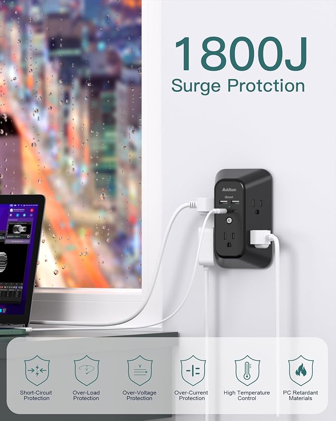 Surge Protector Outlet Extender, Addtam Multi Plug Wall Outlet with 4 USB Ports(2 USB-C), 3-Sided 1800J Power Strip Plug Extension Outlet Splitter, Black