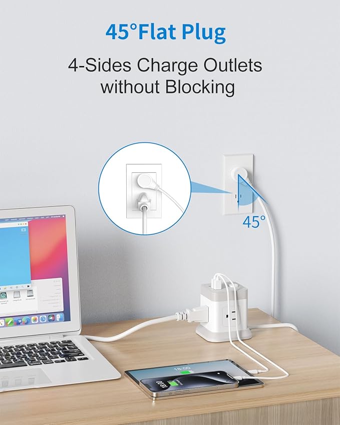 BEVA Power Strip with USB - 5ft Long Extension Cord Desktop Charging Station, Power Strip Cube with 4 Outlets and 3 USB Ports, Overload Protection, Compact for Travel, Cruise Ship, Office, Dorm Room