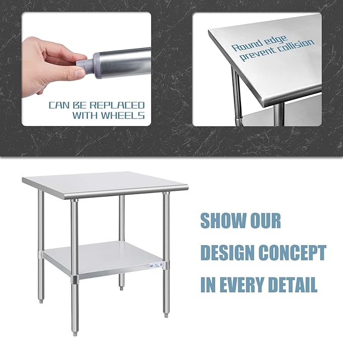 Hally Stainless Steel Table for Prep & Work 30 x 30 Inches, NSF Commercial Heavy Duty Table with Undershelf and Galvanized Legs for Restaurant, Home and Hotel