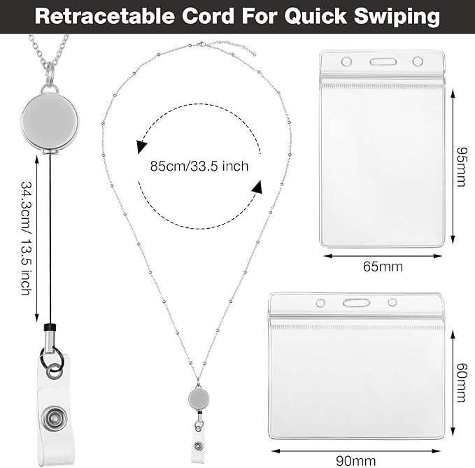 Outus 2 Pieces Badge Lanyard with ID Holders Stainless Steel Badge Holders Necklace Retractable Reel Clip Chain Water Resistant Name(Gray, Silver)