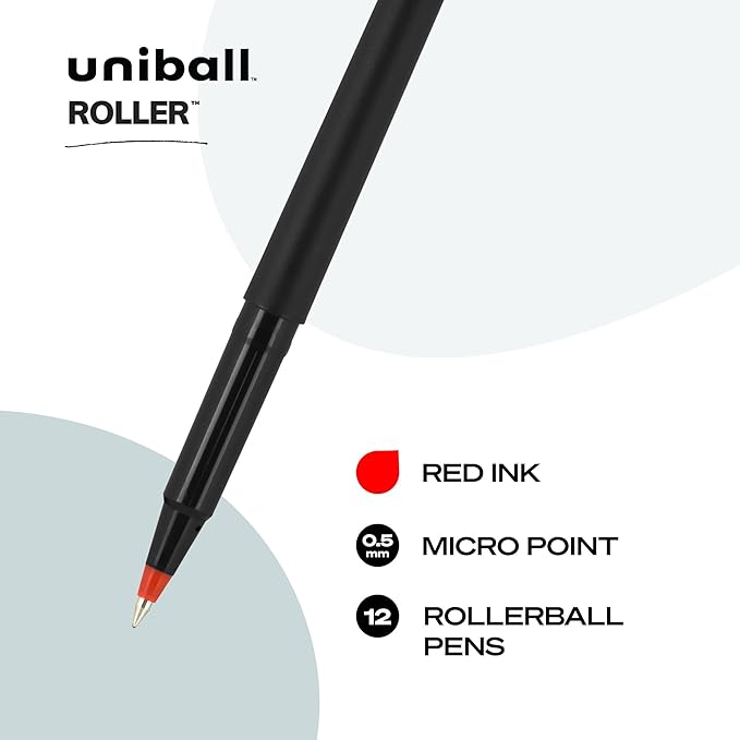 uni-ball Roller Ball Stick Pens, 0.5 mm Micro Tip, Red, Pack of 12