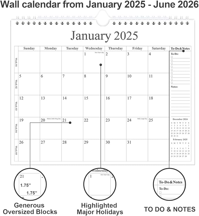 Calendar 2025 - Wall Calendar 2025-2026 from January 2025 - June 2026, 18 Months Calendar with Premium Paper, Twin-Wire Binding & Hanging Hook, 12" x 14.5", Black
