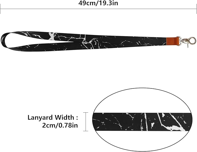 Black Marble Lanyard, Long Neck Lanyard with Metal Clasp, Sturdy Durable Women Men Id Badge Lanyard, Neck Lanyard Strap Ideal for Car Keys, Card Holder, Whistle, Keychain, Wallet