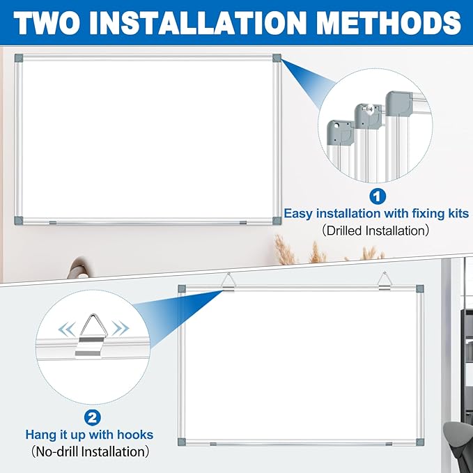 White Board Dry Erase Whiteboard for Wall 36" x 24" (2pcs) Aluminum Presentation Magnetic Whiteboards with Long Pen Tray, Hanging Whiteboard for Office, Meeting Room, Classroom, School & Home