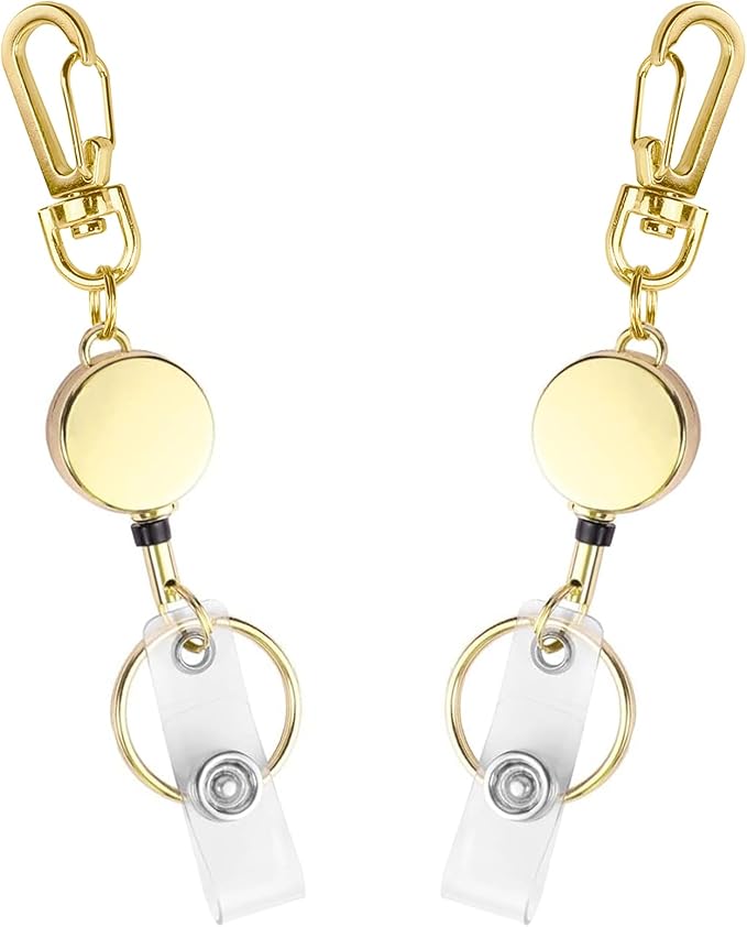 2 Pack Metal Retractable Badge Reel ID Badge Holder with Cord and Carabiner Key Chain (Gold)