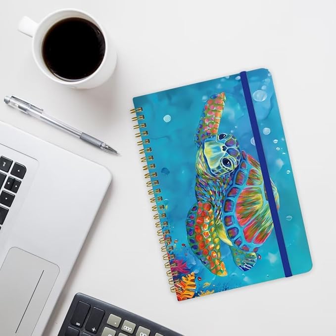 Spiral Notebook - A5 Spiral Notebooks, 8.3'' × 5.8'', 160 Pages, Aesthetic Journaling Notebooks for Women, College Lined Notebook with Elastic Closure, Back Pocket, for School Office, TurtleA