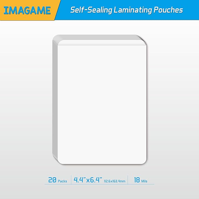 Self-Sealing Laminating Pouches, 4.4" x 6.4'', 18mil, 20 Pack, Easy-to-Use, No Machine Needed, Preserve Photos, Cards & More, Durable, Waterproof Seal, Ideal for Home, Office & School Use
