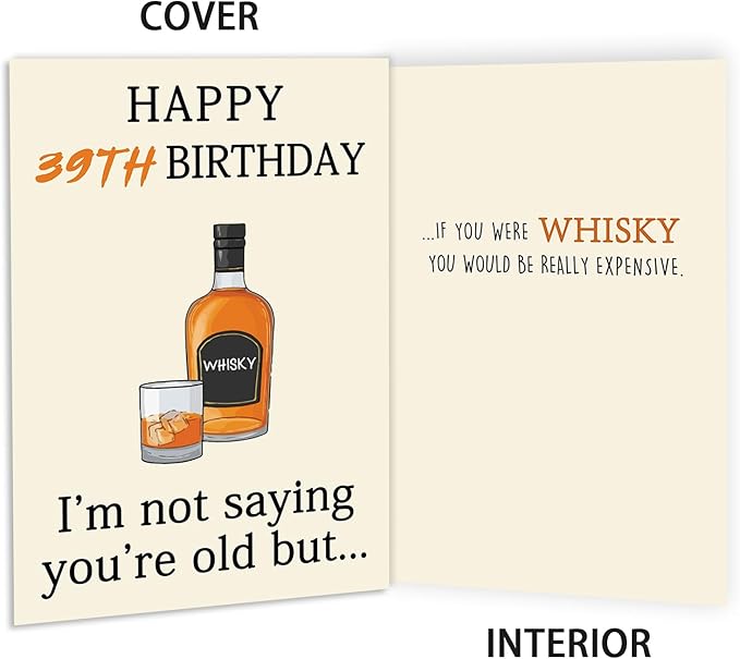Happy 39th Birthday Card, Funny 39th Birthday Decorations for Her Him, Unique 39th Birthday Gifts for Women Men, Whiskey 39 Year Old Birthday Gifts Decor Ideas