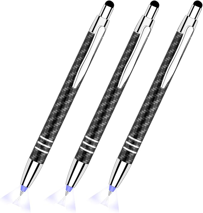Glovion Lighted Tip Pen with Stylus 3-in-1 - LED Penlight Light Up Pen Light Ballpoint Pen with Light for Writing in The Dark - Pack of 3 - Blue Light - GL006