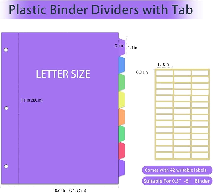 3 Sets Dividers for 3 Ring Binder,8 Tab Plastic Binder dividers with Tab,Colored Binder Separators for Letter Size,Write on Page Dividers for Shool Office Home