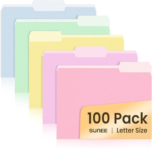 SUNEE File Folders, 100 Pack Manila File Folders 1/3 Cut Letter Size, Colored Folders,Office Organization,Folders for School,Files Paper Home and Classroom,5 Bright Color