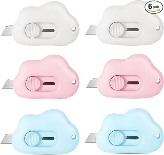 Mini Cloud Box Cutters Retractable Cute, 6 Pcs Small Utility Knives, Portable Letter Opener Slide Open with Keychain Hole, for Office School Stationery, Cutting Box Envelopes Papercutting (6)