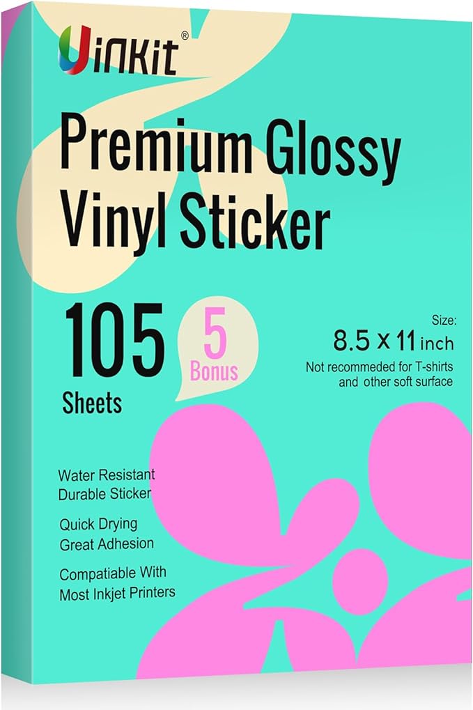 Uinkit 105 Sheets Premium Printable Vinyl Sticker Paper for Inkjet Printer Cricut,included 100Sheets Glossy and 5Sheets Transparent Label Waterproof Adhesive Dries Quickly Tear-Resistant, Removable