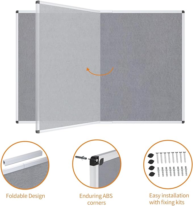 VIZ-PRO Large Fabric Bulletin Board/Foldable Notice Board Felt Gray, 72 X 48 Inches, Silver Aluminium Frame
