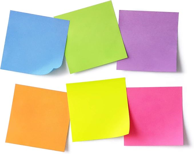 Sticky Notes 3x3 Self-Stick Notes Pads with 6 Bright Colors, Easy to Post for Office, Shool, Home, 6 Pads/Pack, 100 Sheets/Pad(Standard)