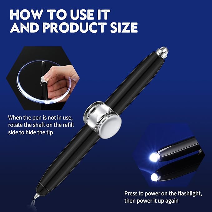 Chinco 2 Pieces Fidget Spinning Pen with LED Light Multi Functional Help Thinking Ballpoint Gift Pen for Adults Students Teenage(Black)