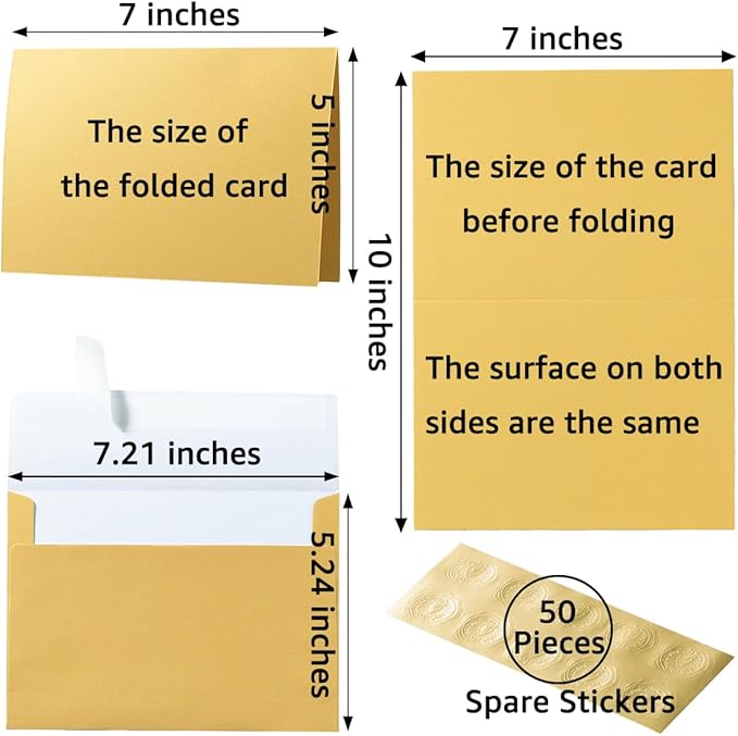 Wishop 50 Pack Shiny Self-Adhesive Envelopes with Shiny Fold Cards for Wedding Invitations, Greeting Cards, Baby Shower, Letter Mailing (Gold, 5x7)