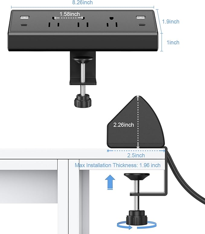 Desk Clamp Power Strip USB C,Desktop Mount Surge Protector,40W Fast Charging Station,2 PD 20W USB C Ports,3 Outlets,6FT Flat Plug,Desk Edge Power Strip for Home,Office,Fit 1.96" Tabletop Edge
