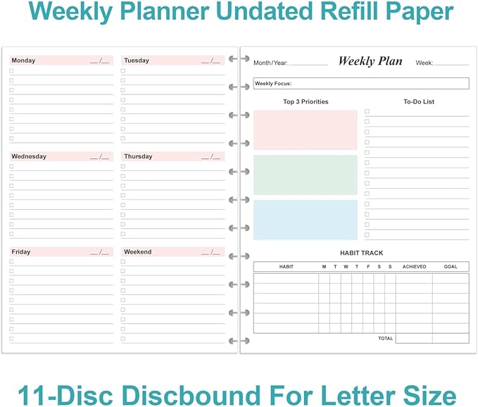 Weekly Planner Undated Refills - Letter Size 53 Sheets/106 Pages Colorful Weekly Planner for 11-Disc Discbound, TUL, 100 gsm White Paper, 8.5" x 11"