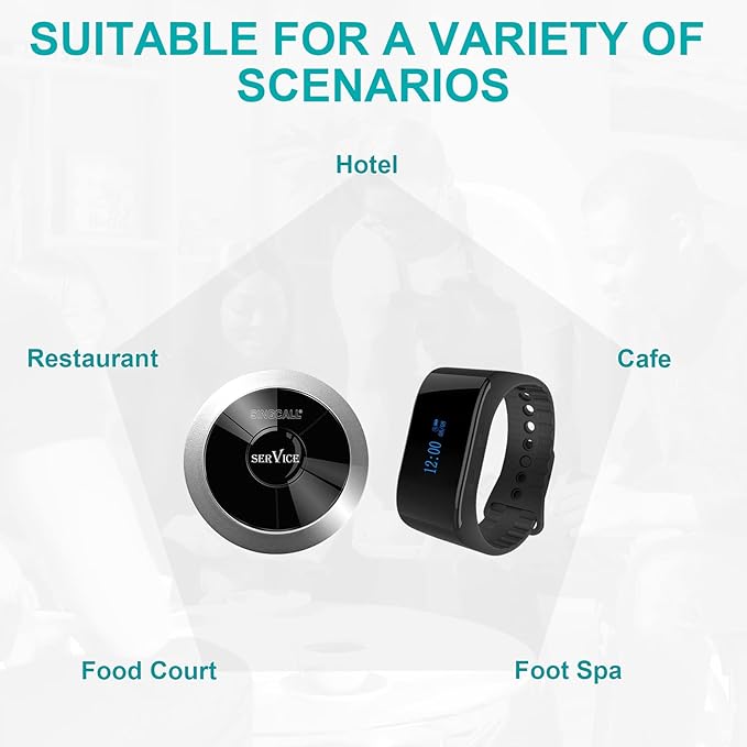 SINGCALL Wireless Calling System, Nurse Call System, 360 Degree Waterproof Pager Watch Receiver, No Screw Pager, Pack of 5 Pagers and 1 Receiver