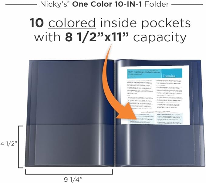 Nicky's® Multi Pocket Organizer, 10 or 14 Page Folder, Waterproof, Patented Tear-Resistant, Flexible Plastic, Proudly Made in USA, Binder Substitute. (10-in-1 Navy Blue)